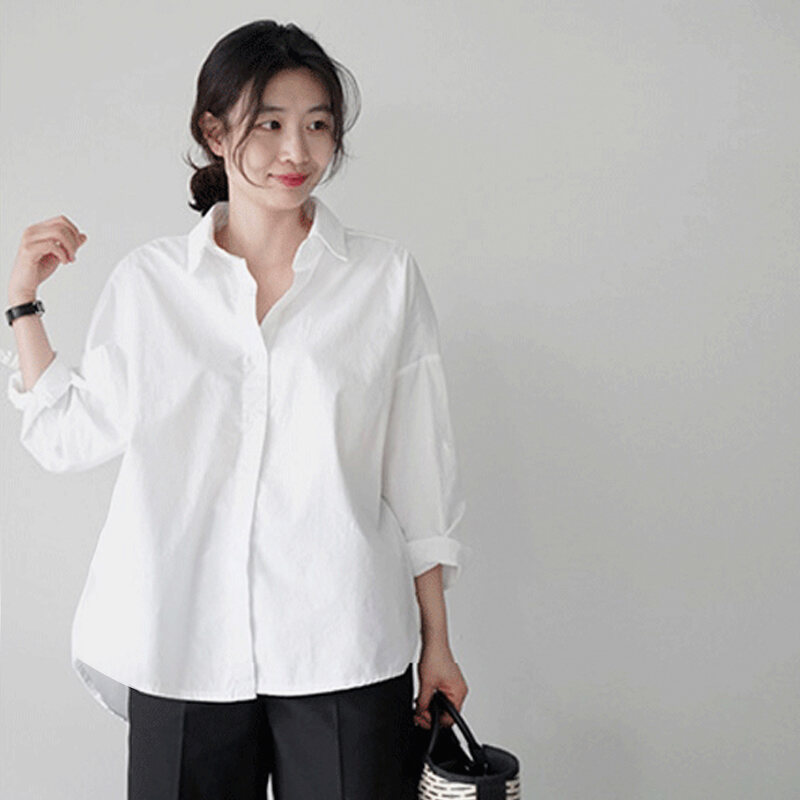 Loose Spring Korean-Style Cotton Instagram Shirt with Long Sleeves