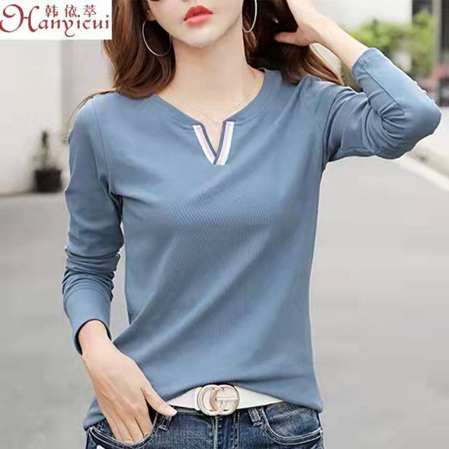 100% Cotton New Long Sleeve T-shirt for Women Loose V Neck Korean Basic Plain bottoming Shirts Blue Plus Size Tops Female Fashion Casual t shirt Free Shipping