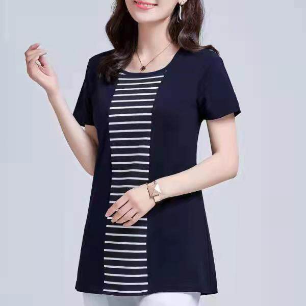 100KG Fat Female Can Wear 2022 New Korean Stripe Long T shirt Women Short Sleeve Plus Size Cover belly round neck fashion t-shirt dress elegant blouse women Tees